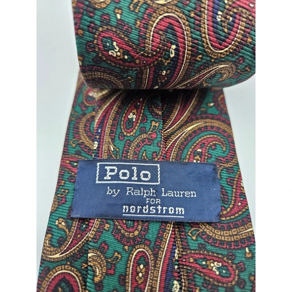 Polo‎ Ralph Lauren Nordstrom Mens Silk Paisley Tie Green Burgundy Gold Hand Made